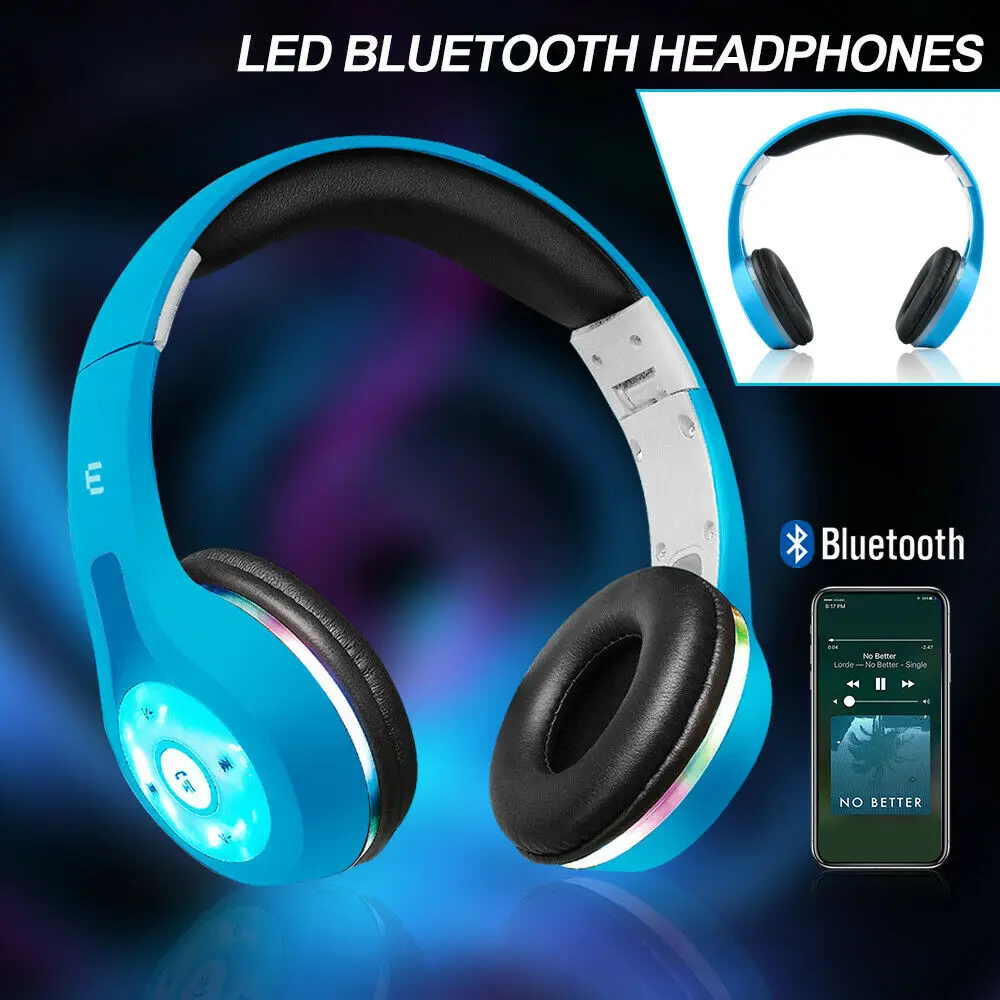 Foldable LED Lights Over the Head Bluetooth Wireless Headphones Headsets Blue