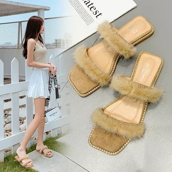 

2020 fashion Plush beach women summer sandals mink hair flat slippers women fur crystal mules slippers trend all-match shoes