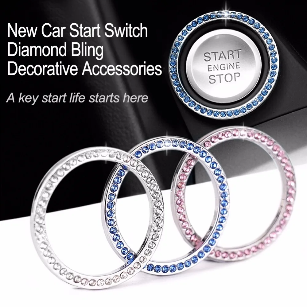 Universal Car Pink Bling Button Start Switch Diamond Ring Decorative Accessory