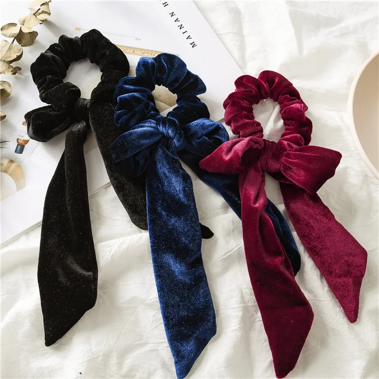 Velvet Ribbon Pleated Tie Elastic Hair Band Hair Headband Hair Accessories Women Solid Color Big Bow Girl Hair Band Bow Ornament