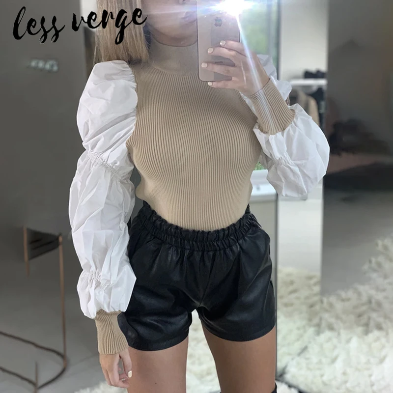 Lessverge с пышными рукавами винтажная трикотажная блузка Топ для женщин осень зима элегантные черные рубашки женские белые боди комбинезоны blusas