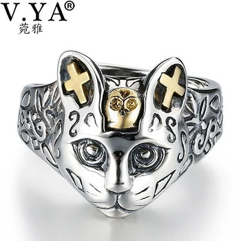 

V.YA Vintage 925 Sterling Silver Jewelry Set Silver Cat Rings Stud Earring Resizable Animal Finger Ring Party Wedding Gift
