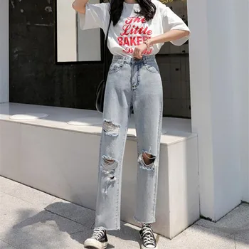 

Woman Jeans High Waist Ripped Jeans 2020 Spring Summer For Clothes Wide Leg Denim Clothing Blue Streetwear Fashion Vintage Pants