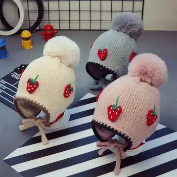 

Cute Baby Hat with Strawberry Knitted Winter Bonnet Infant Baby Cap Solid Kids Hats for Boys Girls