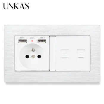 

UNKAS Aluminum Metal Panel French Socket With Dual USB Charge Port + RJ45 Internet Computer Jack And RJ11 Telephone Connector