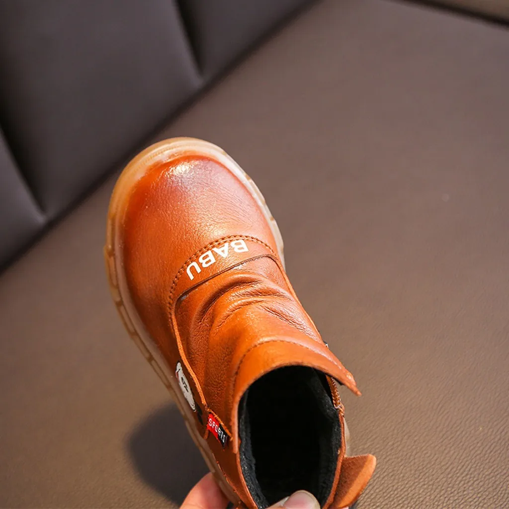 Fation/детские ботинки для маленьких мальчиков; зимние теплые водонепроницаемые ботинки на молнии; короткие ботинки на плоской подошве; кожаные ботинки для детей