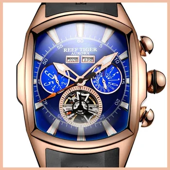 

Reef Tiger Mechanical Creative Tourbillon Dial Automatic Watches Brand Luxury Silicone Strap Men's Watch Zegarek Meski+Gift+Box