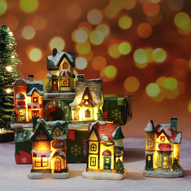 LED Noël Mini Snow House Glowing Village House Village de Noël Glowing  Village House Ornement en résine de bureau pour la décoration de Noël 