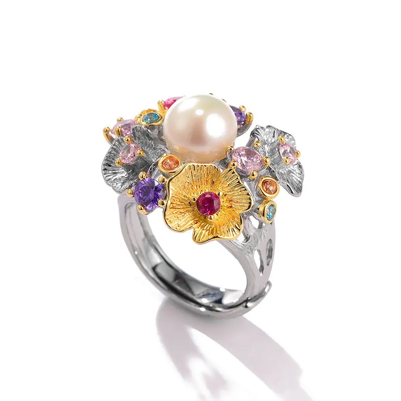 

RADHORSE 925 Silver Rings for Women Fine Jewelry pearl Retro flowers Modeling Sterling Silver Adjustable Ring