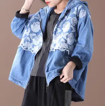 

2020 Spring Autumn embroidery Pattern Long Sleeve Patchwork Jeans jacket Zipper Hooded Denim Coat Women Fashion Tide w442