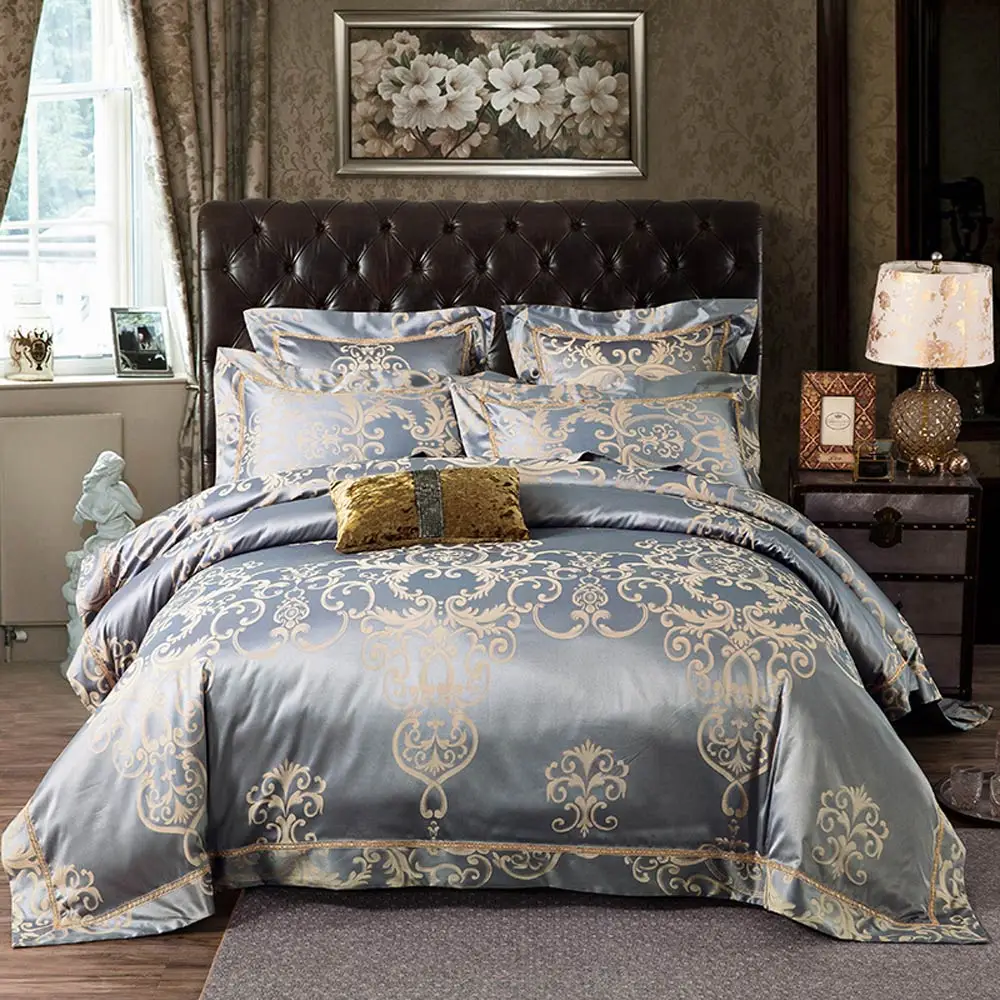 

Luxury Egyptian Cotton Bedding Set 4pc Gray European Duvet Cover Set Flat Sheet Bed Quilt Linen King Queen Size