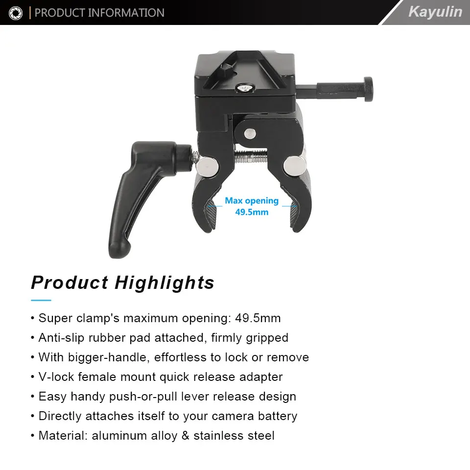 Description Picture 4 of itemKayulin Camera Super Clamp With Universal V-Lock Mount Quick Release Adapter For Iconic Brand DSLR Camera Battery Photo Studio Accessory
