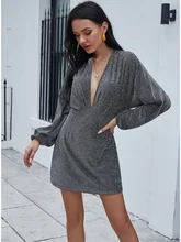  Fall 2020 Women Sexy Deep V Neck Low Cut Sparkly Party Dress Cute Womens High Waisted Long Sleeve Black Silver Glitter Dress 