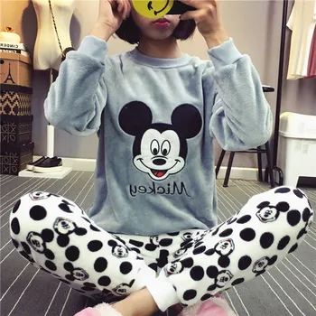 

Women Cartoon Mickey Winter Pajama Se TThicken Keep Warm Blue Velvet Pajamas Female Winter Coral Fleece Ms Tracksuit Outfit