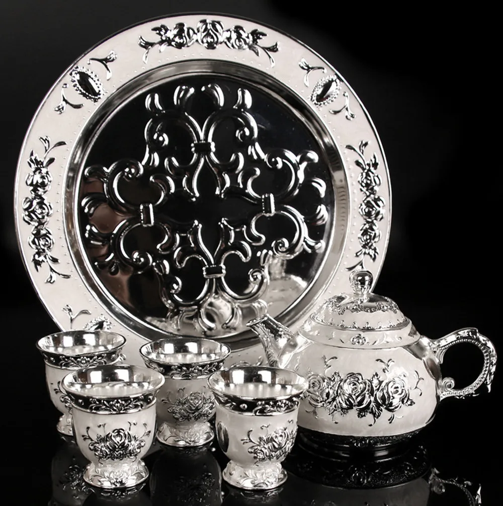 Silver-Plated European Style Rose Tea Set Handmade Teapot Cup 6-Piece Home Gift Crafts Decoration | Дом и сад