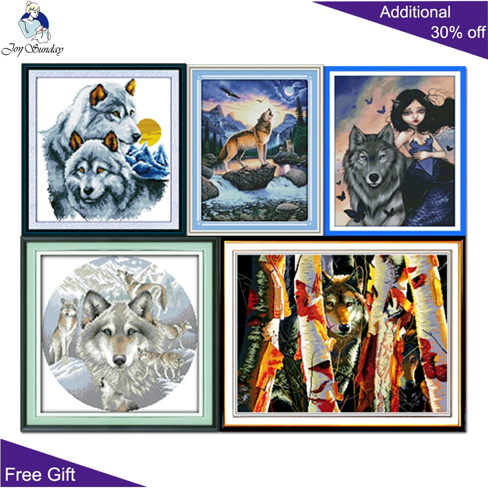 

Joy Sunday Wolf Home Decor D064D086D207D309D311 White Birch Guardian Wolf Partners Spirit Howling Wolf Girl Animal Cross Stitch