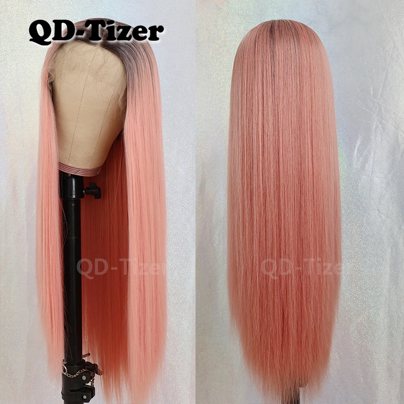 QD Tizer # 1b/Розовый Ombre длинные кружевные парики прямые Glueless термостойкие
