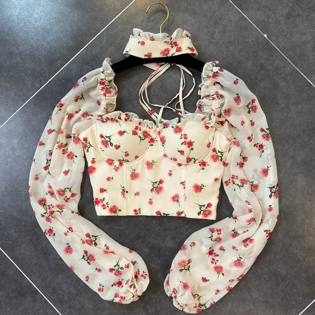 

Crop Top Women 2020 Spring New Small Floral Pattern Stereo Chest Pad Square-Neck Chiffon Shirt Ladies Holiday Tops Blouses
