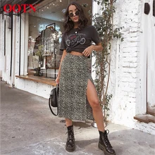 OOTN винтажная леопардовая юбка средней длины с высокой талией, женские длинные юбки с животным принтом, Весенняя Летняя Сексуальная юбка с разрезом, женская мода