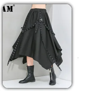 [EAM] High Elastic Waist Black Pocket Split Long Wide Leg Trousers New Loose Fit Pants Women Fashion Spring Autumn 2020 1X812