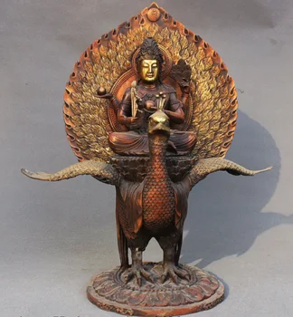 

Tibet Buddhism Bronze Gilt Peacock Guan Yin Holy Mother Mahamayuri Buddha Statue