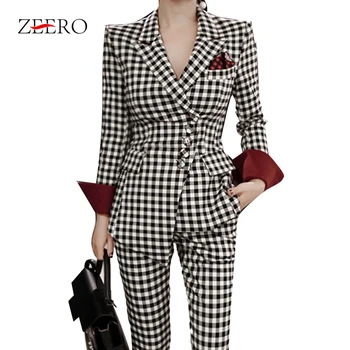 

2 Piece Set Women 2019 Autumn Spring Office Lady Fashion Plaid Irregular Blazers Coat & Business Pencil Long Pants Suit Set