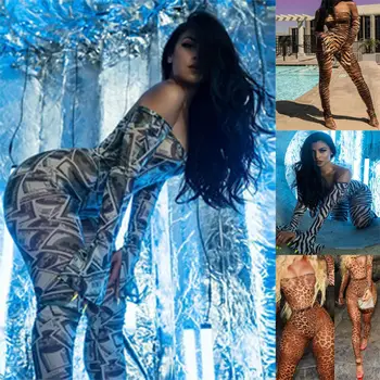 

Women's Sexy Hot Wild Pattern Long Sleeve Off Shoulder Jumpsuit Romper Play-suit