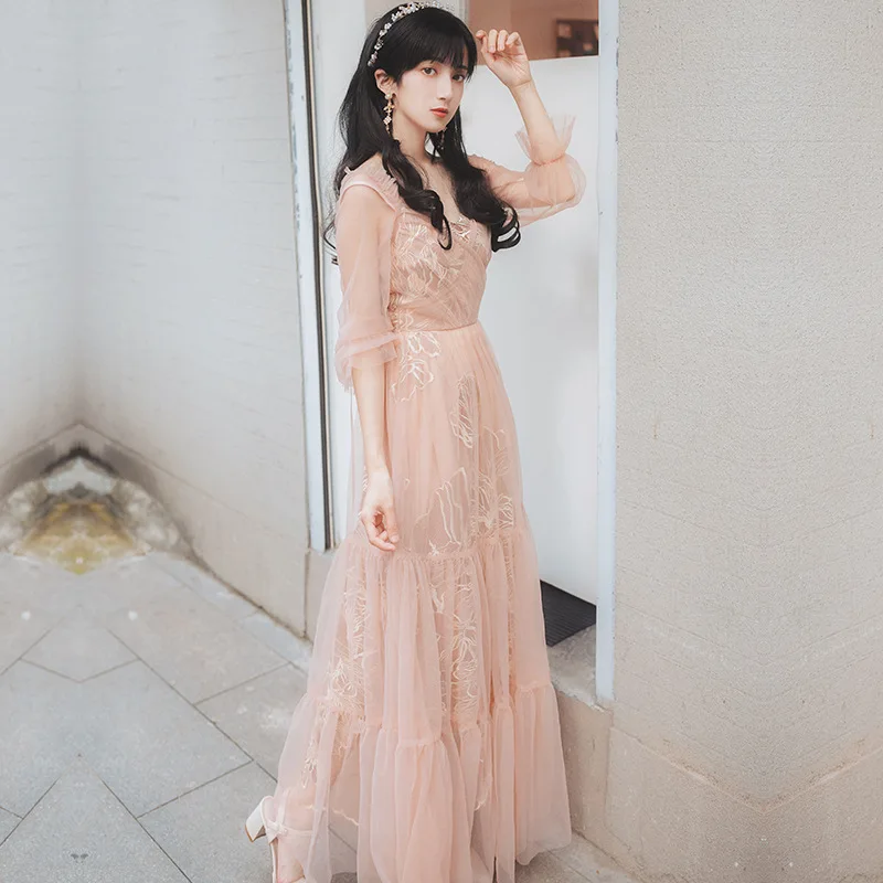 

Dress 2019 Autumn New Style Retro MORI Series Platycodon Grandiflorum Long Skirts Fairy Immortal Sweet Waist Hugging Slimming El