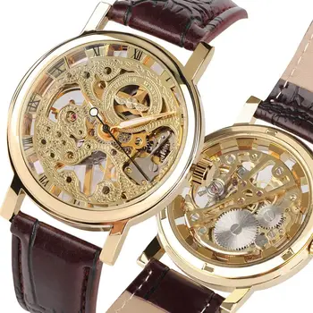 

WINNER Watch Men Mechanical Clock Hand Wind Gear Watches Luxury Transparent Skeleton Army Sport Leather Clock Men's Wrist Watch