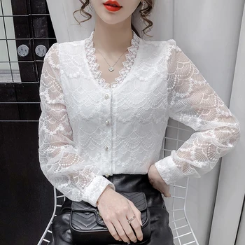 

COIGARSAM Full Sleeve Shirt Womens tops New Spring Lace V-Neck Women shirts White Apricot 3110
