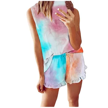 

Pajamas For Women Sleepwear Womens Tie-dye Printed Ruffle Pajamas Set Women Sleeveless Tops And Shorts Loungewear Sleepwear #3
