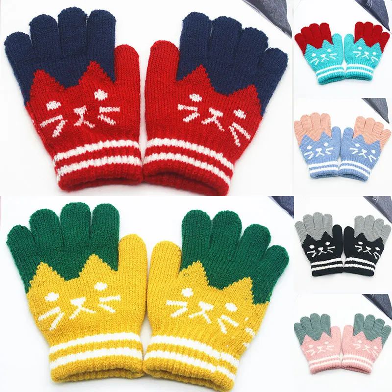 

1 Pair Child Warm Cartoon Cute Cat Mittens Winter Gloves for Children Kids Boys Girls Faux Cashmere Five Fingers Wrist Gloves