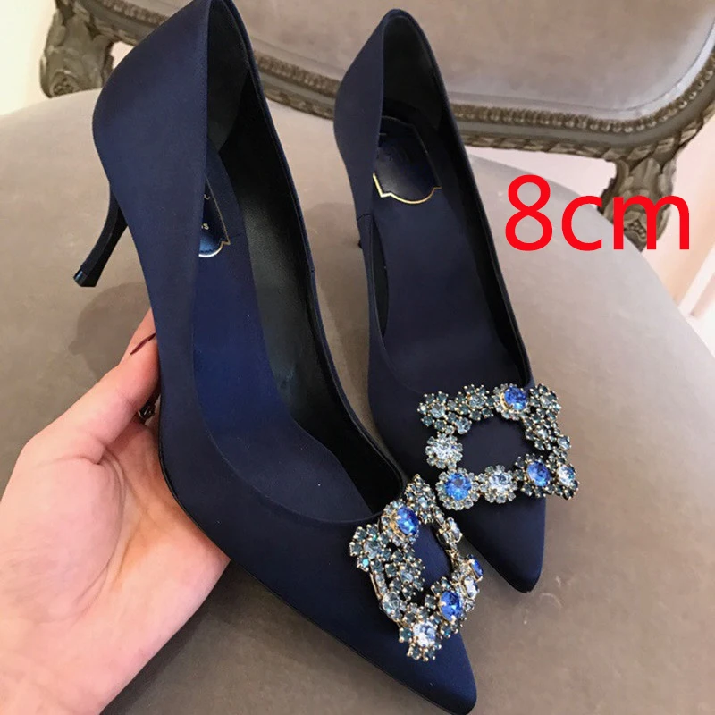 8cm dark blue Люксовый бренд высокая обувь на каблуке женские туфли-лодочки на высоком каблуке с модные классические Стразы с квадратной пряжкой; Свадебная обувь с украшением женские туфли-лодочки mujer - Цвет: 8cm dark blue