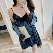 Плотные женские пижамы из 2 предметов кимоно купальный халат сексуальный кружевной комплект для сна Домашняя одежда осенний мягкий велюр нижнее белье Ночная рубашка