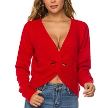 Женский передний УЗЕЛКОВЫЙ плиссированный Глубокий V свитер Свободный вязаный свитер эластичность длинный тонкий свитер женский однотонный теплый Vestido