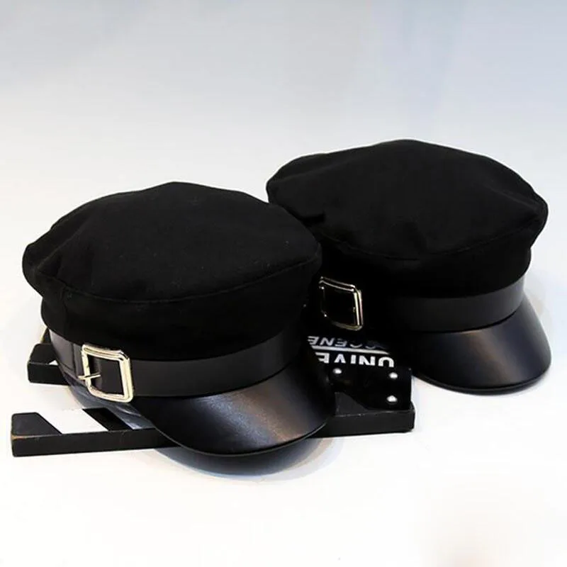 Новые женские черные армейские кепки осенне-зимний модный шерстяной из искусственной кожи Лоскутная кепка газетчика с поясом женские Gorras