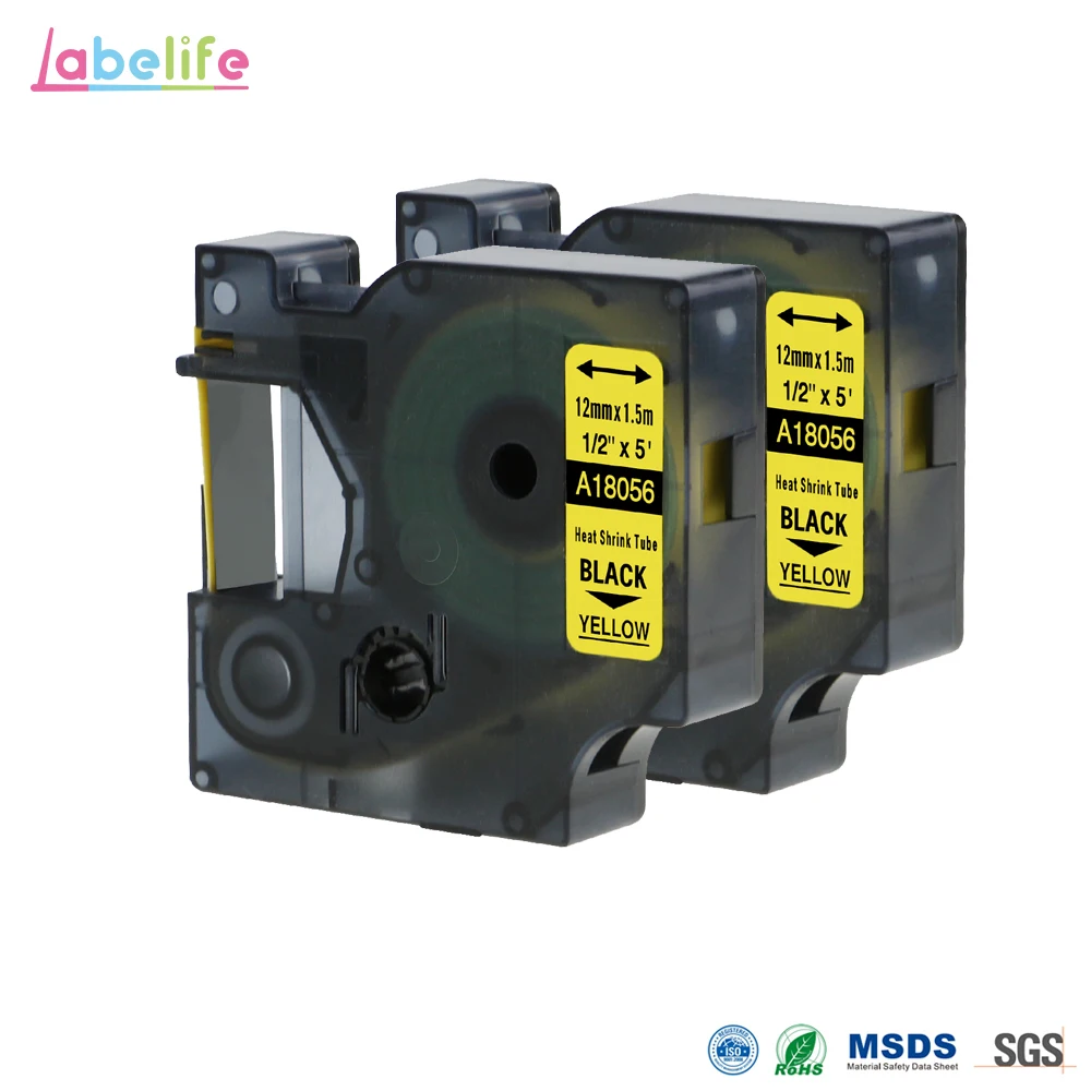 Labelife 2 Упак. 18056 для DYMO Rhino черный на желтый 12mmX1.5m промышленные IND термоусадочные