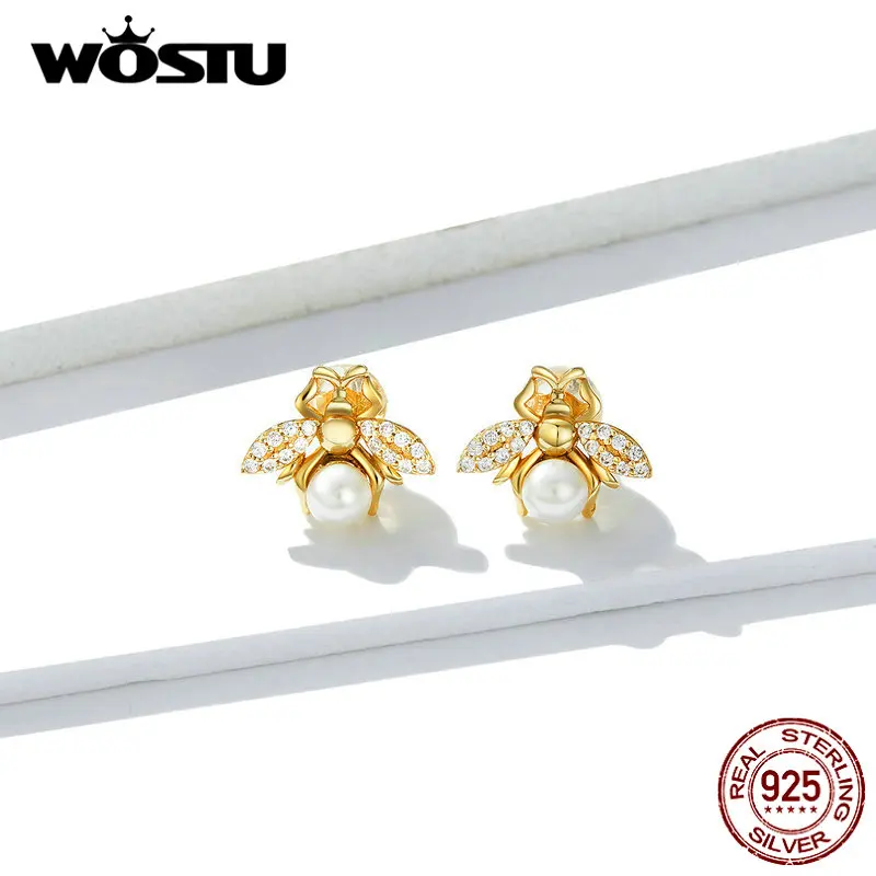 

WOSTU Gennuie 925 Sterling Silver Beetle Stud Earrings Crystal Clear Zircon Wings & Tail Pearls Earrings Jewelry FNE232