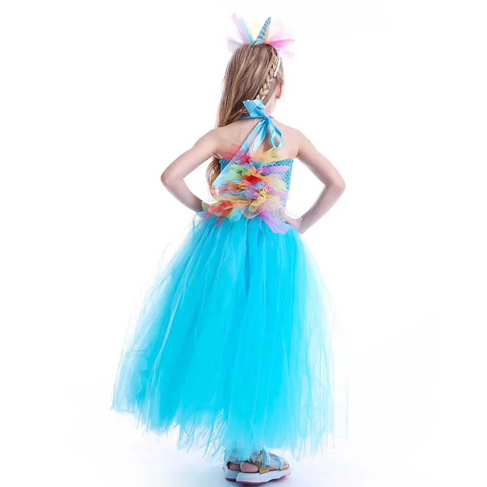 Blue Girls Tutu Dress With Flower Unicorn Headband Baby Fluffy Tulle Robe Kids Girl Performance Halloween Costume Vestidos Clothes (15)