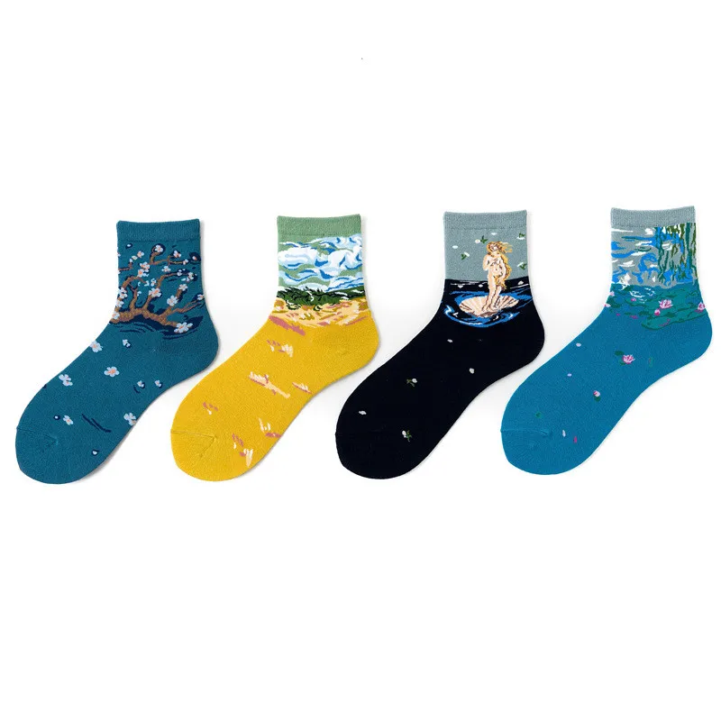 

New Spring Women Retro Art Abstract Oil Painting Cotton Sock Lotus White Clouds Peach Blossom Cute Korean Harajuku Funny Socks