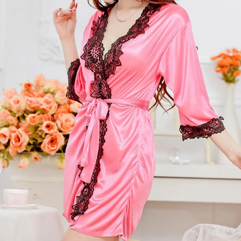 Satin Sexy Robe de Chambre Paon 1/2 Manches Peignoir