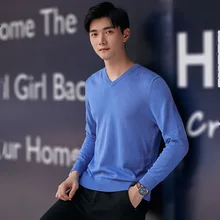 Новинка, хлопок, весенний и осенний свитер, Мужская трикотажная одежда, сплошной цвет, Корейская версия, длинный рукав, голова подростка, v-образный вырез