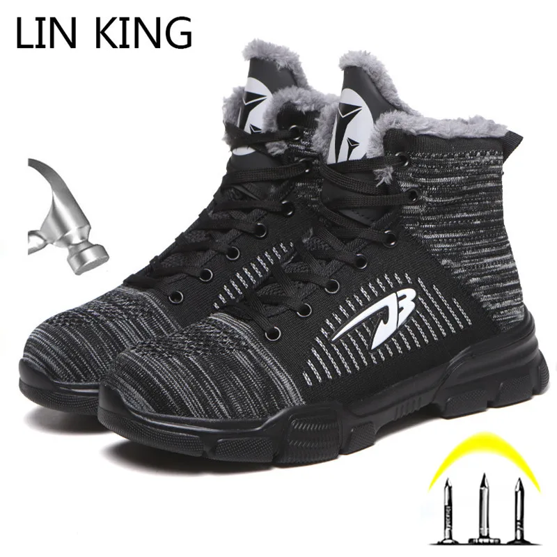 

LIN KING Warm Winter Safety Shoes Men Steel Toe Protective Work Boots Comfortable Anti Piercing Short Boots High Top Sneakers
