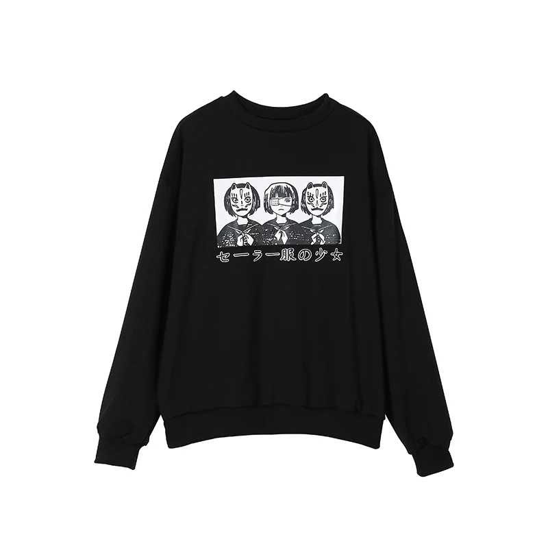 Kpop японский стиль аниме печати Harajuku Толстовка для женщин 3 девушка черный повседневный Готический толстовки Kpop Overszie Толстовка шикарный стиль - Цвет: Black