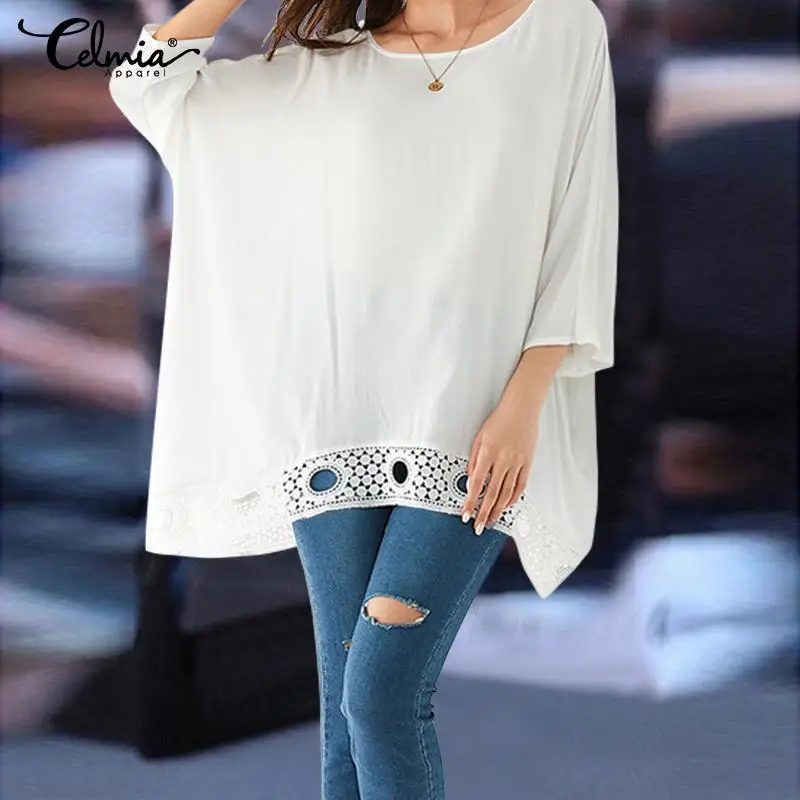 Stylish Casual Loose Solid Blouses Women Celmia Plus Size Sleeve Pleated Shirts Ladies Asymmetric Tops Hollow Out Blusas