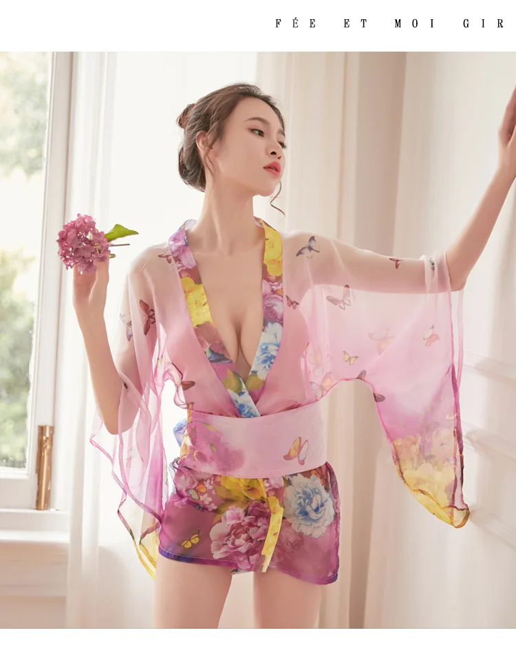 Women Sleepwear Sleepwear Pajamas Sexy Lingerie Printed Chiffon Kimono Bathrobe Female Nightdress Pajamas Dressing Gowns For Women Robe Sets Sleepwear