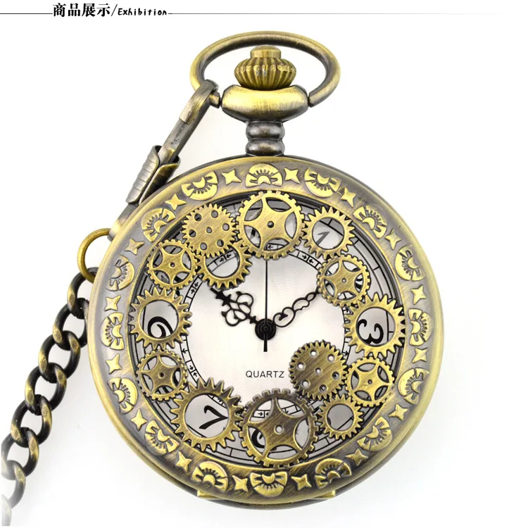 Антикварные кварцевые карманные часы, винтажные бронзовые перфорированные карманные часы с цепочкой, карманные часы с цепочкой Fob, подарки для мужчин и женщин