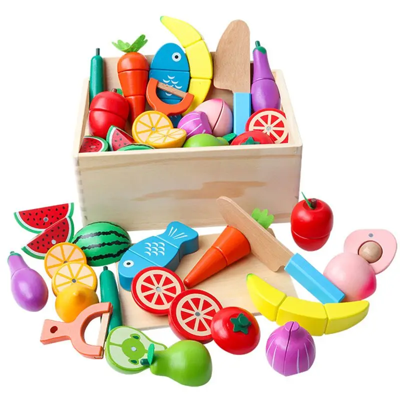 Wooden Classic Game Simulation Kitchen Series Toys Big Box Cutting Fruit Vegetable Set Toys Montessori Early Education Gifts