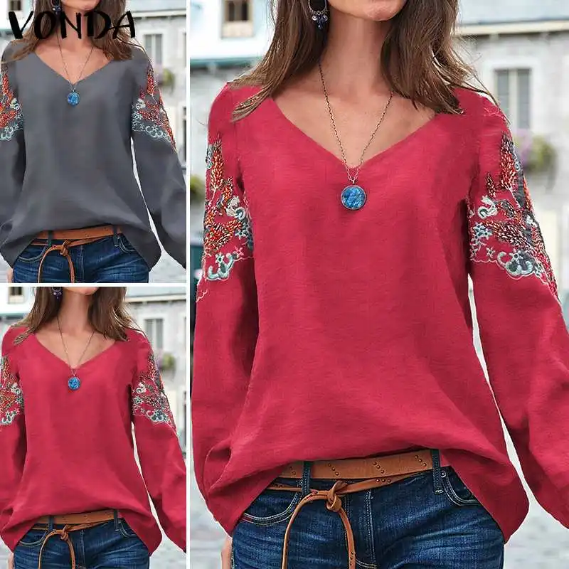  VONDA Embroidered Blouse Women Cotton Vintage Office Shirts Beach Printed Tops Bohemian Tunic 2019 