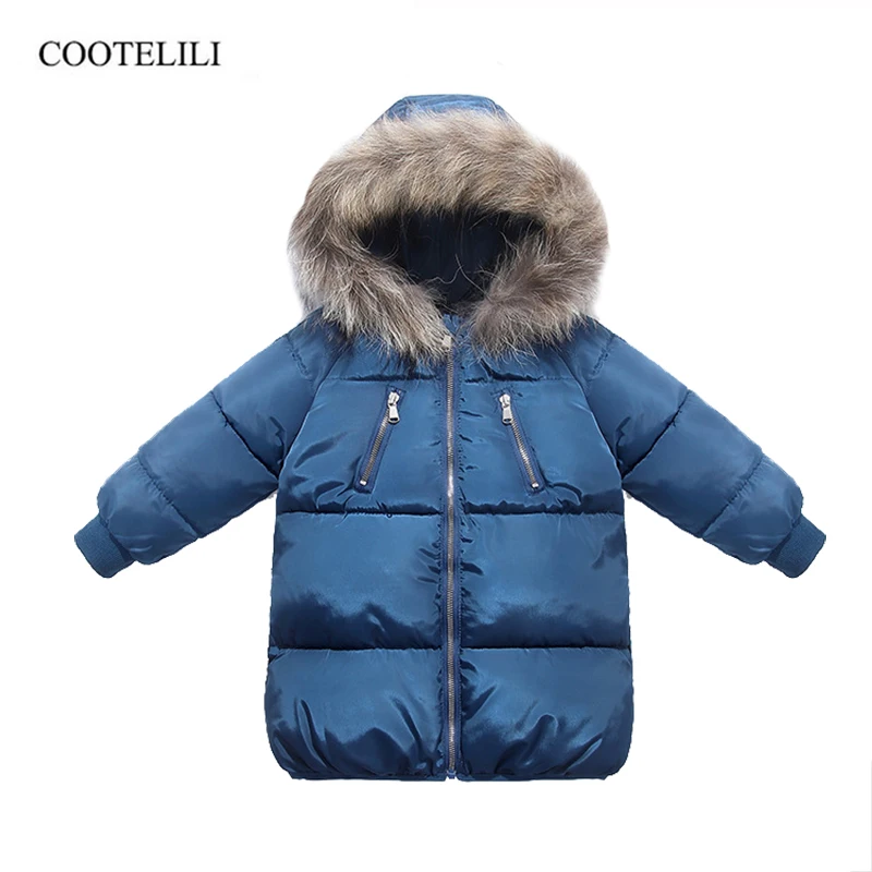 Price COOTELILI Cotton Winter Jacket For Boys Girls Real Raccoon Fur Hat Winter Coat For Boys Long Style Kids Parka Children Clothing